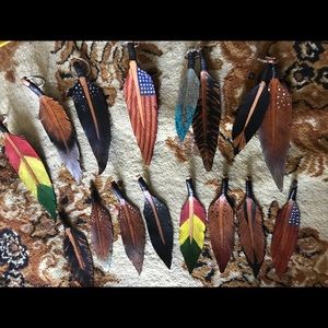 Hand-tooled leather feather keychains